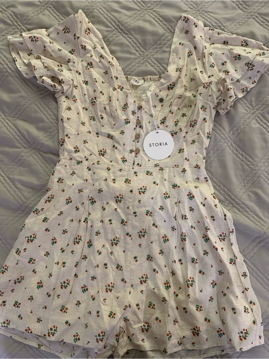 Storia Pants - Storia Cream Mini Romper with Orange and Green Floral Print
